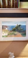 Framed painting inside box showing coastal landscape with ocean, greenery, and cliffs.