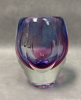 Main view of purple-pink-blue layered Sommerso art glass vase with clear glass base