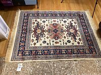 Top view of rectangular area rug showing full design and fringe edges.