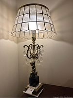 Full view of one brass vintage table lamp illuminated showing capiz shell lampshade and cherub base.