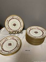 Set of 16 Lamberton China plates stacked and displayed with a decorative holder showing floral design and gold edge