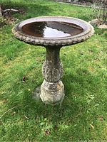 Outdoor cement birdbath standing on grass, showing full view with basin filled partially with water and weathered surface.