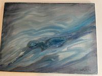 Front view of canvas displaying abstract waves in blue and gray tones, signed by Geoffrey Armstrong in lower right corner.