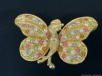 Front close-up showing the gold-toned butterfly lady brooch with multi-colored stones