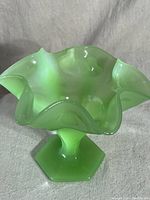 Front angled view of a green jadeite glass candy bowl showing ruffled edges and hexagonal base