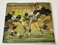 Cover of the 1963 Post Cereals Canadian Professional Football Album showing illustrated football players on the front and wear around corners and spine.