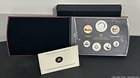 Photo of the open presentation box containing the plastic case with 7 coins and a certificate card.