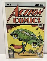 Front cover view of Action Comics No.1 Superman reprint with visible wear and bagged/boarded condition.