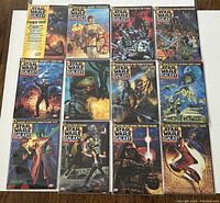 Full set of 12 Topps Star Wars Galaxy magazines displayed in a grid, includes all issues from #1 to #12 with colorful illustrated covers depicting various Star Wars characters and scenes.
