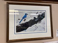 Framed print of a blue jay bird on a snowy branch by Pierre Francis Surtes.