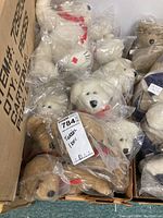 Top view of multiple Boyds Bears plush toys in white and light brown, all sealed in plastic inside a large cardboard box.