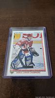Clear image of Felix Potvin rookie hockey card showing goalie in action on ice in red jersey and goalie equipment. Card is in a protective hard sleeve.