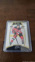Jack Hughes rookie hockey trading card in protective hard plastic case, front view