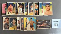 Lot of 15 Parkhurst wrestling cards laid out showing various wrestlers and card numbers, centrally showing wrestlers in different poses and portraits with a card featuring Bobo Brazil among them.