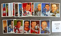 Photo showing a wide collection of 24 hockey cards laid out in two rows, each card featuring illustrated portraits of Hall of Fame players including referees and players in uniform.