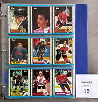 First three rows of cards in binder page showing players like Ray Bourque, Joel Otto, Doug Wilson, Joe Sakic, Jan Ludvig, Dave Poulin, Rick Meagher, Kirk Muller, Mats Naslund.