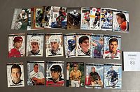 Top-down view of 25 signed NHL hockey cards arranged in rows on a neutral surface. Includes 14 'Be A Player' cards from 1995-96 and 11 other signed cards.