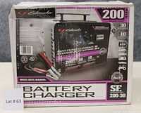 Box showing Schumacher SF 200-30 battery charger with specifications and features.