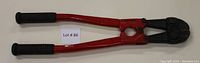 Red-handled 18 inch bolt cutters with black rubber grips and black cutting head, shown on a white background with lot number tag.
