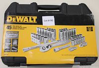 Front view of closed black and yellow DeWalt carrying case showing socket set contents pictorial and branding
