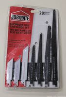 Front view of sealed Jobmate 28 piece reciprocating saw blade set in original package showing variety of blades and packaging label.