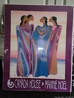 Unframed colorful poster by Maxine Noel with four Indigenous women in flowing robes and a purple border with text 'Canada House • Maxine Noel.'