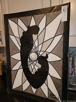 Full view of original acrylic painting on paper, featuring black silhouettes with geometric abstract background in white, taupe, and black lines.