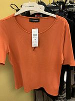 Peach scoop neck top with tag hanging on hanger, labeled size 36, by Doris Streich
