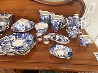Full lot view showing plates, teapot, pitchers, egg cups, dishes, sugar and cream set