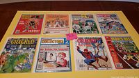 Eight Cracked magazines laid out on a table, bagged and boarded, colorful comic-themed covers from the 1990s