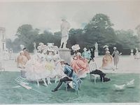 Overall view of the framed art print depicting garden scene with people and statues