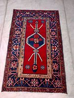 Full view of red field rug with central navy blue medallion and multi-colored intricate borders, displaying overall design and condition.