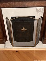 Fireplace screen placed inside fireplace opening, showing overall structure and mesh screens.