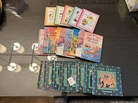 Overview photo showing classic illustrated hardcover children's storybooks arranged in two rows, featuring titles like 'The Little Mermaid' and 'The Lion Family'.