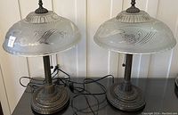 Pair of lamps showing frosted glass shades with embossed floral and leaf designs atop bronze finish metal bases with visible cords.