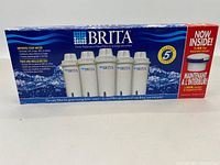 Front view of 5-pack BRITA water filter replacement cartridges box, showing branding and product information.