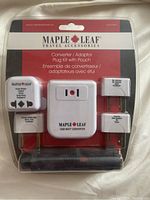 Front view of Maple Leaf travel converter and adapter kit in original packaging