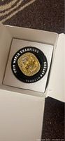 Gold-tone replica ring with 2019 World Champions inscription, displayed in white cushion inside black box with Raptors logo and text.