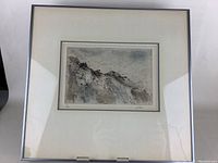 Full view of framed etching print showing the artwork and frame dimensions.