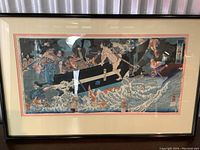 Overall view of framed triptych showing full composition and frame condition