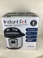 Box front showing the Instant Pot Duo SV 8-in-1 pressure cooker, highlighting features and 6 quart size.