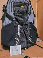 Front view of the Cochlear backpack showing black and gray color, multiple compartments, and bungee cords on front.