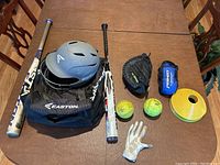 Lot overview showing DeMarini TR3 bat, Easton bag, batting helmet, Mizuno catchers mitt, softballs, batting glove, support brace, and cones on wooden table.