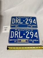Pair of vintage BC licence plates front and back showing matching number DRL 294 and 1985 validation sticker on back plate.