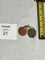 Two small metal dog tags linked by string, placed next to a measuring tape showing size approximately 2 inches.