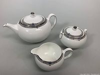 Photo of full tea set showing teapot, covered sugar bowl, and creamer pitcher on plain surface.