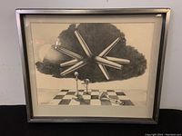 Framed charcoal drawing featuring abstract surrealistic forms on a chessboard pattern, signed and dated 1972 by Kovalik.