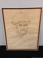 Full view of framed signed pencil drawing of elderly man with large hat titled 'Mr. LeRoy The Mayor of 10th St. N.Y.' circa 1963.