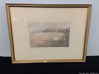 Wide view of framed painting showing overall condition and frame wear.