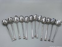 Overhead view of all 13 spoons arranged in a row on grey background